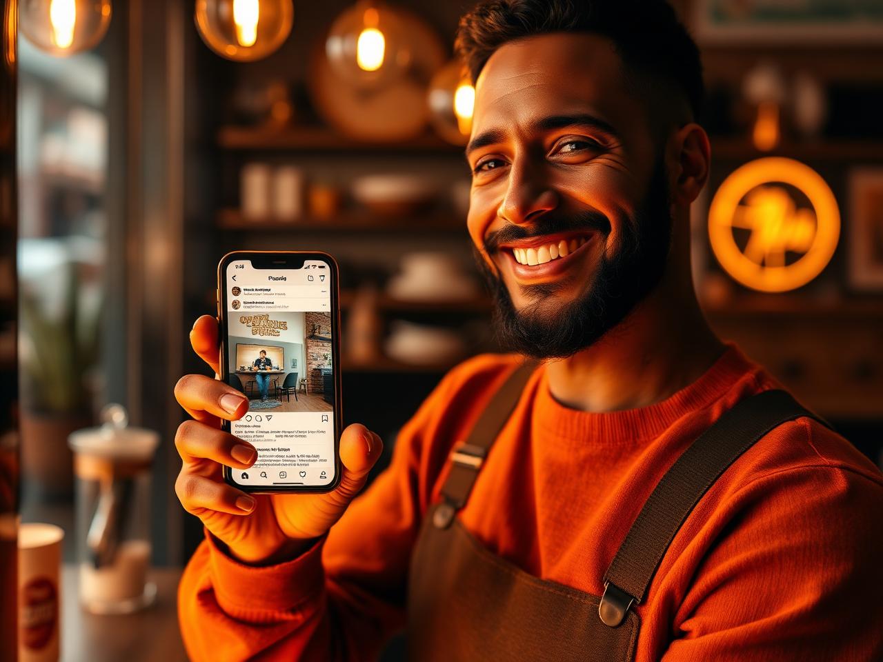 Local business owner showing a social media post on their phone